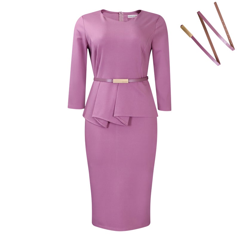 D501 Elegant Solid Pencil Dress OL lotus root purple belt 