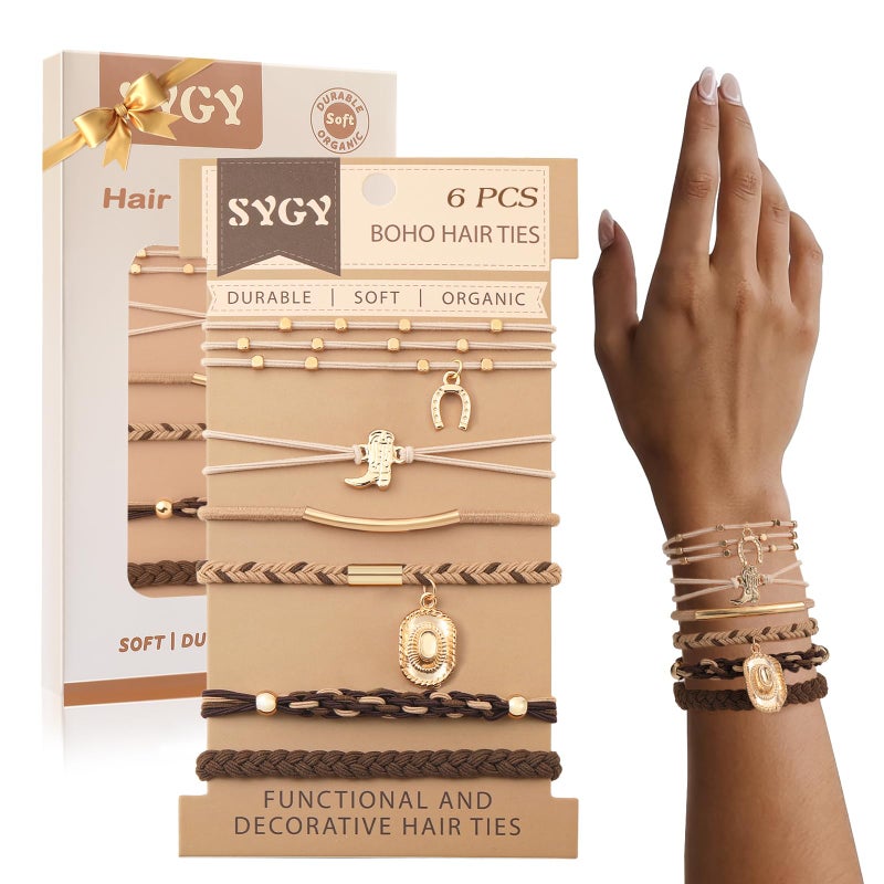 SYGY 6 PCS Hair Ties Bracelets for Women, Boho Hair Ties for Thick & Thin Hair, Elastic Hair Bands That Double as Stylish Jewelry, Dual-Use Stretch Bracelets, Hand-braided Ponytail Holders, Cow Boy Pendant - Image 1