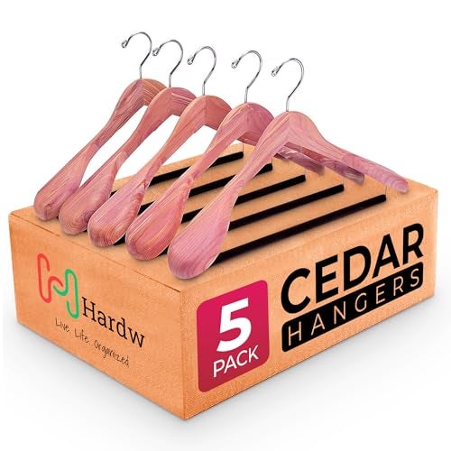 HARDW Cedar Hangers for Closet - 5 Pack Extra Wide Wooden Hangers for Suits, Coat, Dress, Jacket, Clothes Storage - Non Slip Foam Padded Pant Bar with 360° Swivel Hook, Aromatic American Cedar Wood - Image 1