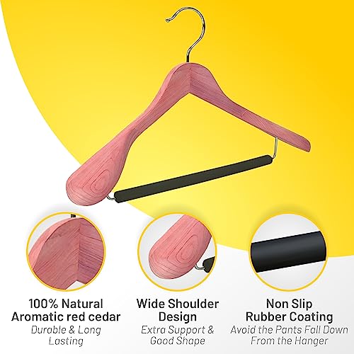HARDW Cedar Hangers for Closet - 5 Pack Extra Wide Wooden Hangers for Suits, Coat, Dress, Jacket, Clothes Storage - Non Slip Foam Padded Pant Bar with 360° Swivel Hook, Aromatic American Cedar Wood - Image 2