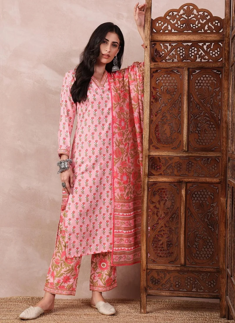 ZERESOUQ Pink Rayon Blend Printed 3-Piece Kurta Set