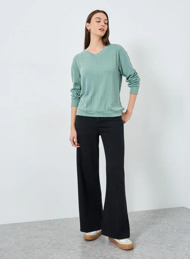 Take Two Teal Textured Long Sleeves Top