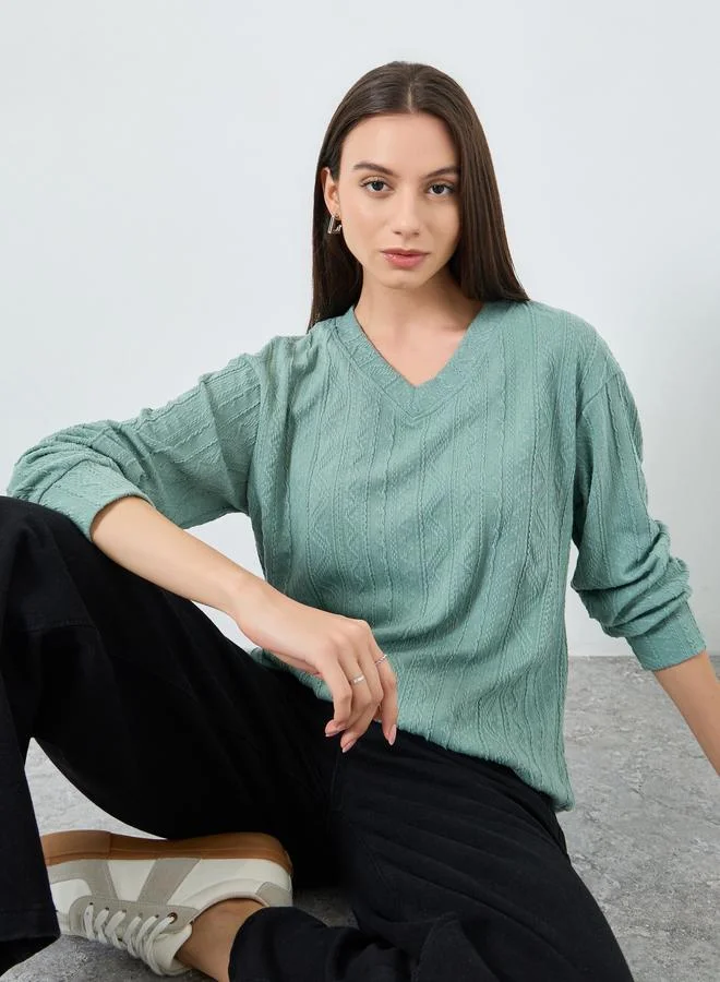Take Two Teal Textured Long Sleeves Top