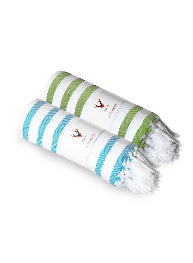 PATVY Bath Towels|Light Weight Turkish Style Stripe Bath Towels For Men Large Size Cotton|70X150Cm Quick Absorption &Faster Drying Bath Towel For Women|100% Cotton (Pack Of 2,Teal Blue&Green),140 TC - Image 1