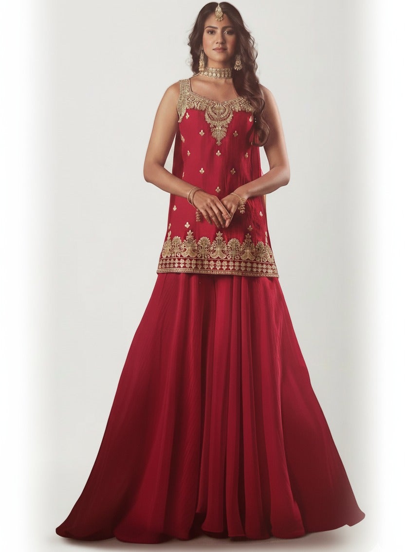 Magenta Embroidered Kurta Sharara Set with Dupatta — Sharara Set | Lehar Clothing UAE