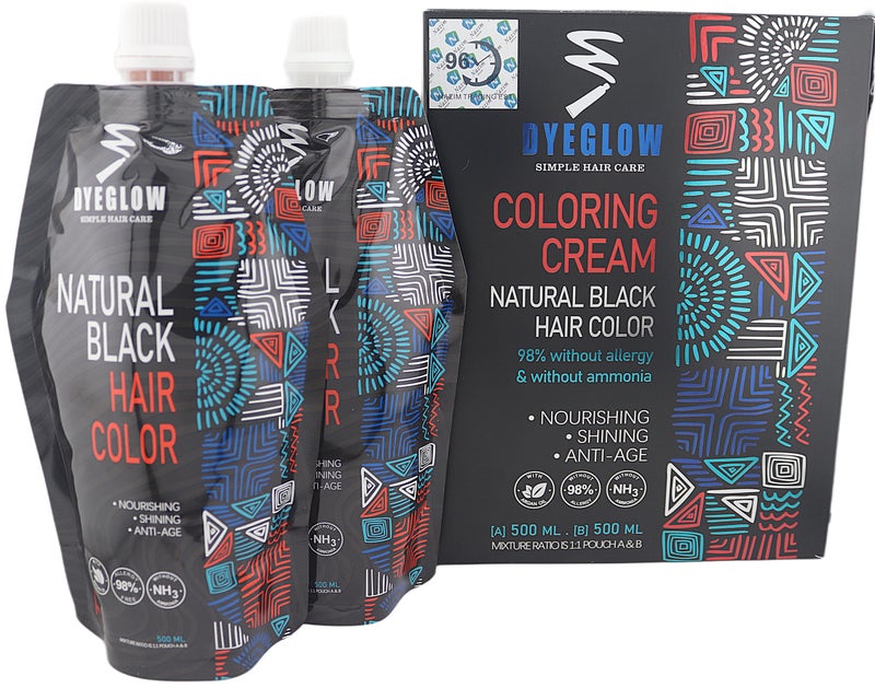 DYEGLOW Natural Black Hair Color, Coloring Cream, Nourishing, Shining, Anti-Age, Ammonia-Free, 98% Without Allergy, 500*2 ML - Image 1