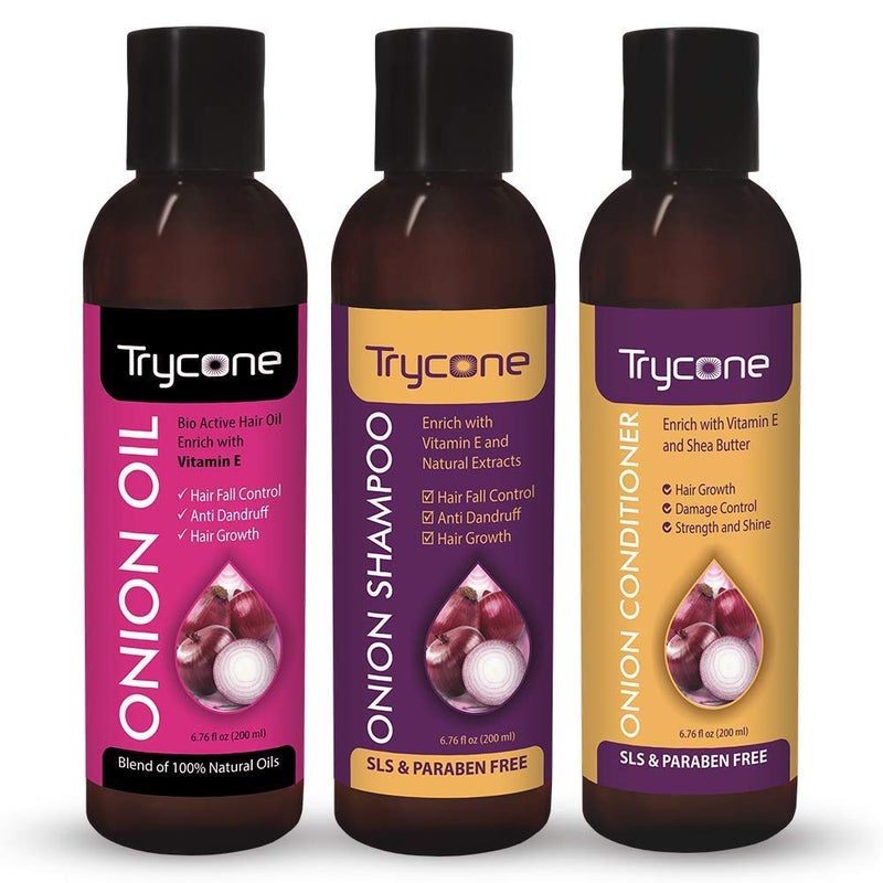 Trycone Onion Oil Shampoo  Conditioner Combo Pack  Nourishing Care  Repair Strengthen  Reduce Split Ends  FrizzFree Voluminous Look  3in1 Care Solution Pack of 3 - Image 1
