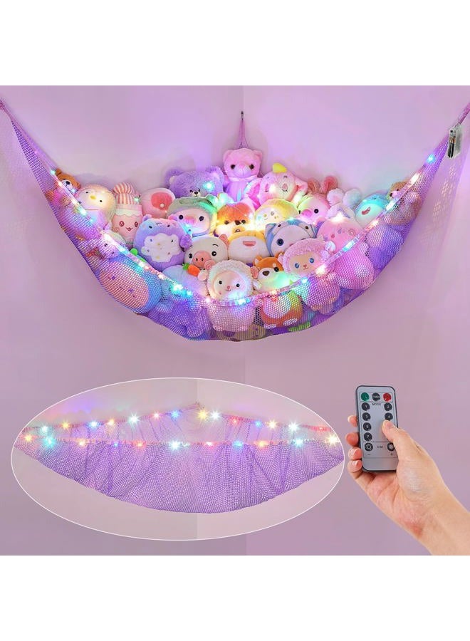 Basumee Stuffed Animals Net or Hammock with LED Light Hanging Toy Net Hammock for Stuffed Animals Storage Stuff Animals Hammocks for Nursery Kids Room with Remote Control, 8 Kinds of Lights(Pack of 1) - Image 1