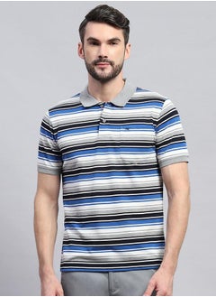 Monte Carlo Men Grey & Blue Striped Collared Neck Half Sleeve Tshirt by Styli  - Image 1