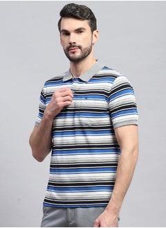 Monte Carlo Men Grey & Blue Striped Collared Neck Half Sleeve Tshirt by Styli  - Image 2