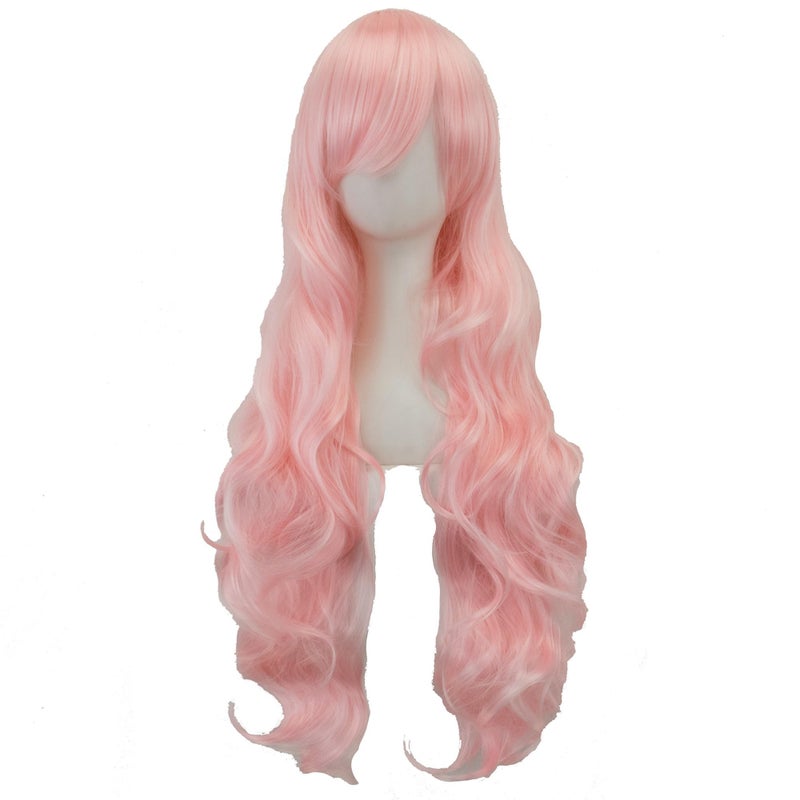 IMISSU 80cm Long Curly Natural Hair Cosplay Wig with Bangs Colorful Halloween Costume Party Wigs for Women (Bright Pink) - Image 2