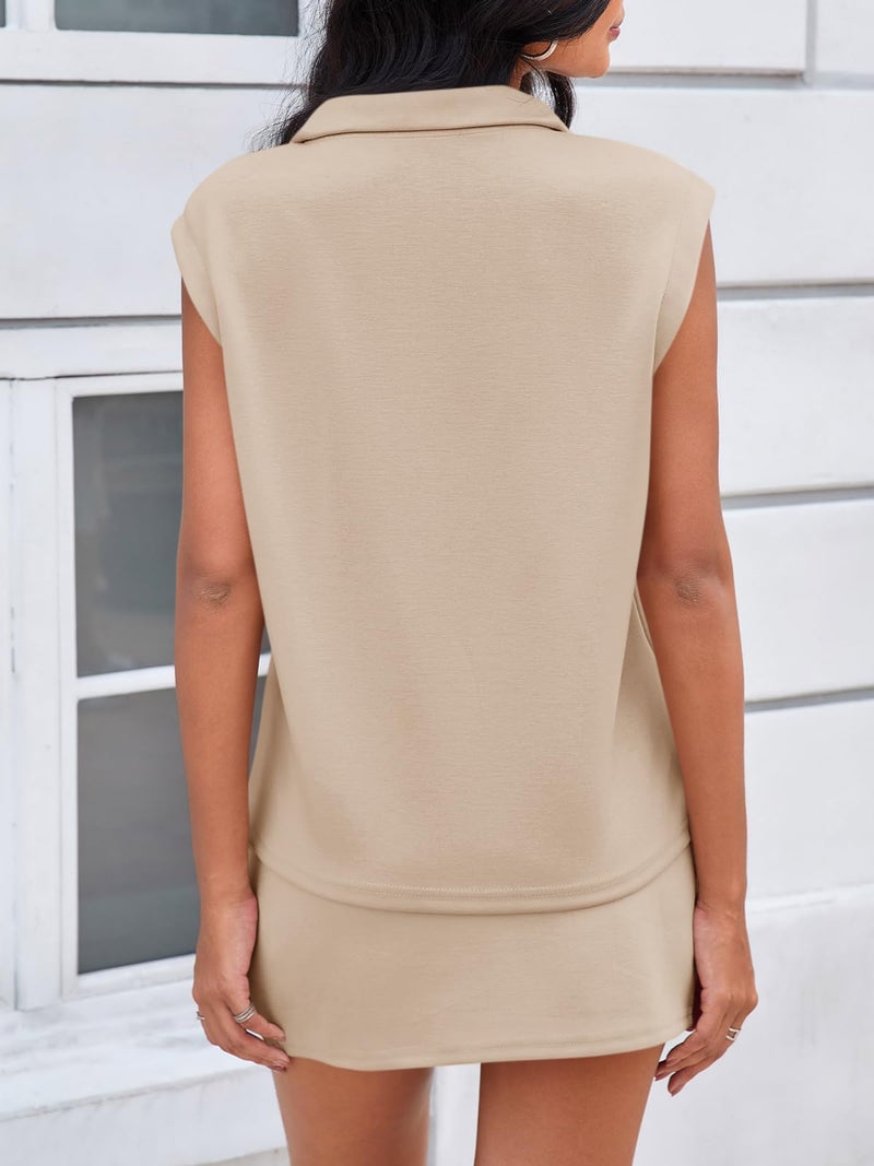 Fisoew Womens 2 Piece Skirt Sets Summer Sleeveless Half Zip Sweatshirt Athletic Skorts Tennis Outfits Casual Sweatsuits - Image 3