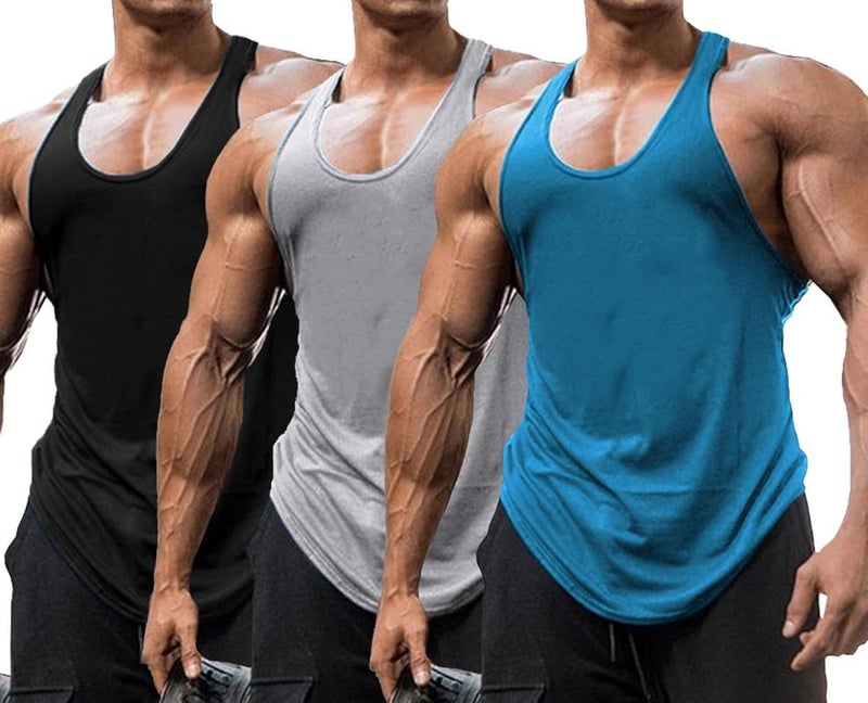 THE BLAZZE Men's Tank Tops Muscle Gym Bodybuilding Vest Fitness Workout Train Stringers L2629 0001 (L, BLK_Gry_TBL) - Image 4