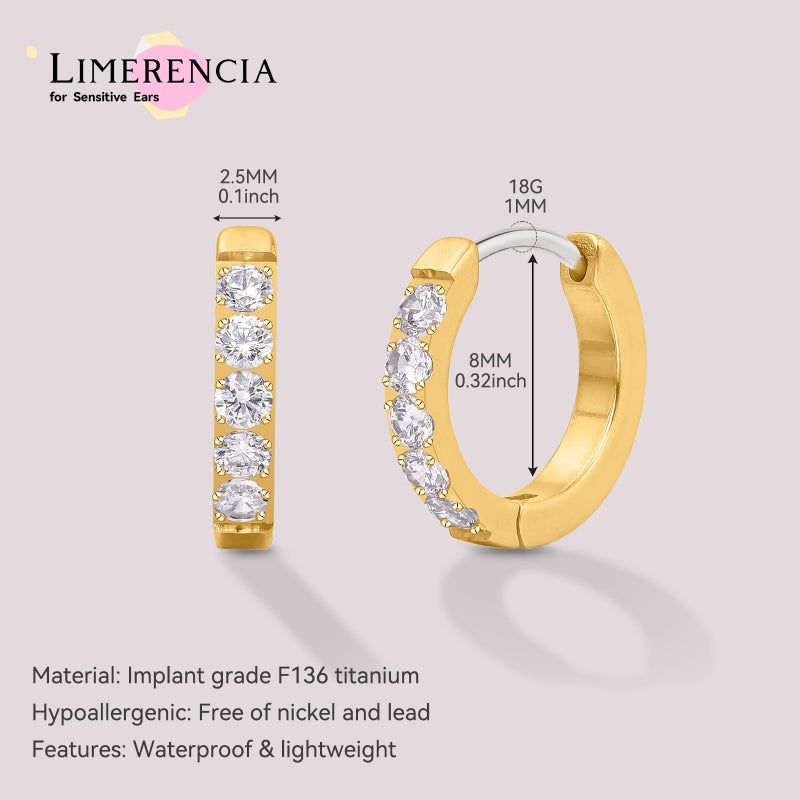 Limerencia G23 Pure Titanium Huggie Hoop Earrings, Hypoallergenic Cartilage Huggie Hoops Small Cubic Zirconia Cuff Earrings Mini Piercing Jewelry for Women Sensitive Ears(Gold 8mm) - Image 3