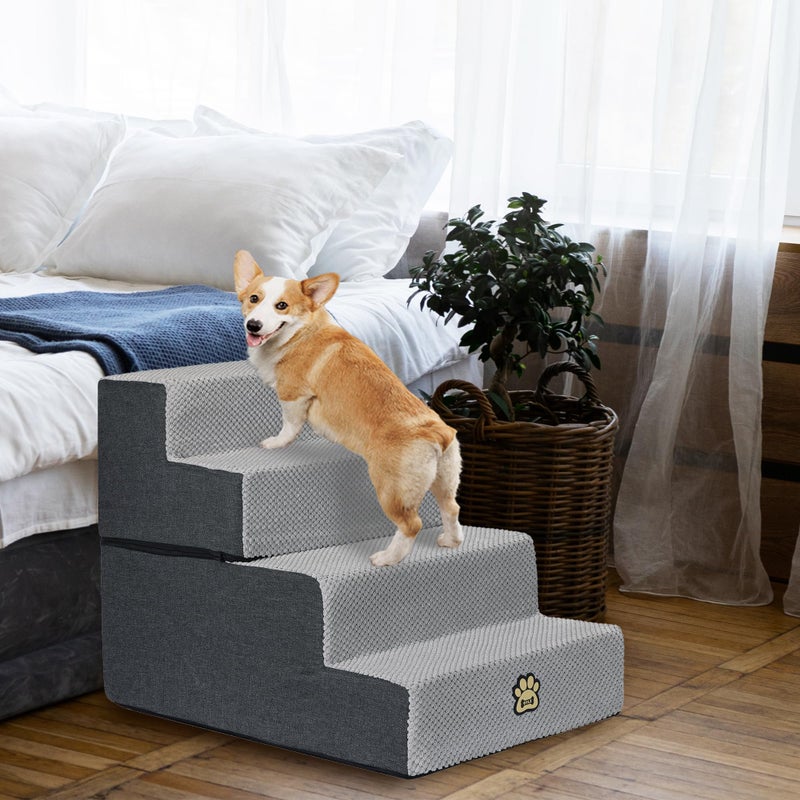 OYLZ Dog Stairs Pets Steps 4 Gray Pet Ladder for Sofa Couch and Bed Made of High Density Sponge Stairs with Removable Washable Cover Non-Slip Base 18" H - Image 2