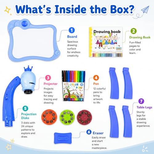 Braintastic Kids Projector Drawing Table with Light & Music | Educational Art & Tracing Toy with Patterns and Color Pens | for 3+ Years Boys & Girls (Blue) - Image 3