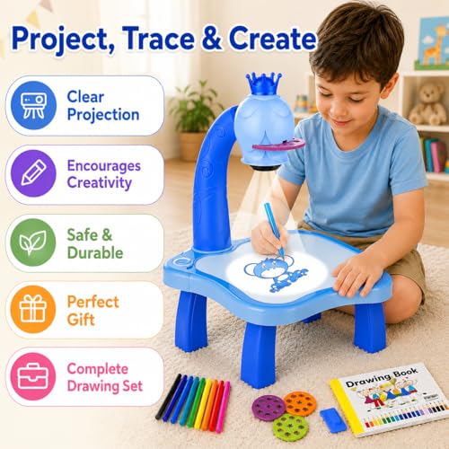 Braintastic Kids Projector Drawing Table with Light & Music | Educational Art & Tracing Toy with Patterns and Color Pens | for 3+ Years Boys & Girls (Blue) - Image 2