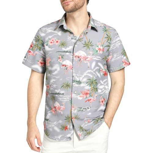 SSLR Mens Hawaiian Shirt Flamingos Casual Short Sleeve Button Down Shirts Aloha Shirt (Medium, Light Grey) - Image 1
