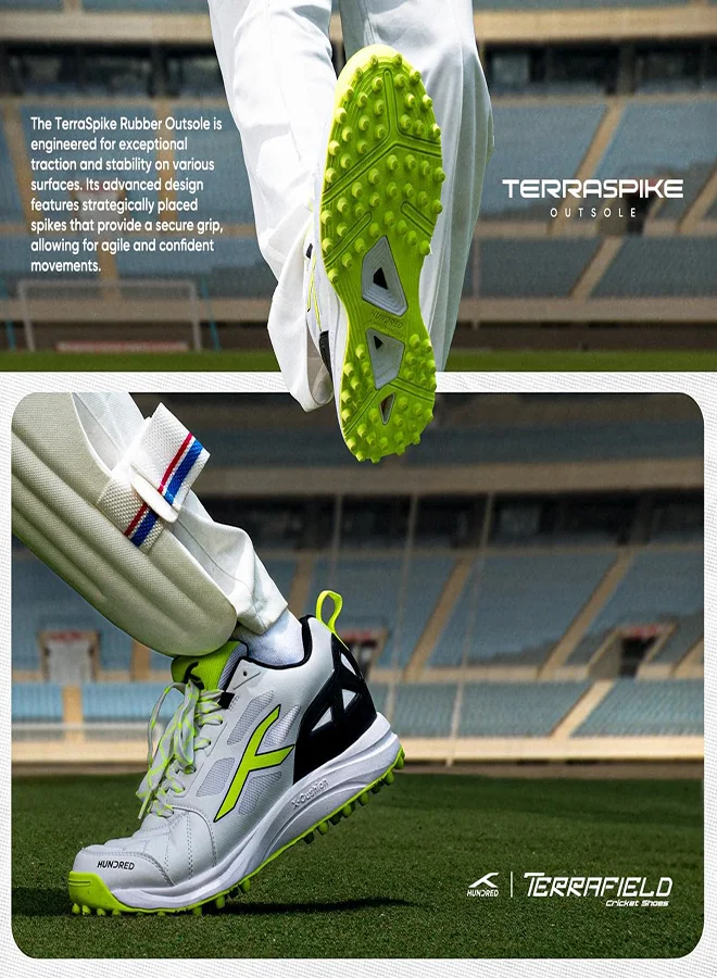HUNDRED Terrafield Cricket Shoes | Terraspike Rubber Studs | Embedded Support Plate For Stability | Lightweight & Durable | Ideal For Turf, Ground & Hard Surfaces (White/Lime/Black ; Uk 7)