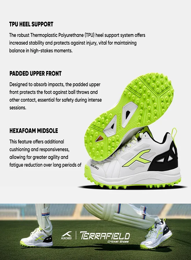 HUNDRED Terrafield Cricket Shoes | Terraspike Rubber Studs | Embedded Support Plate For Stability | Lightweight & Durable | Ideal For Turf, Ground & Hard Surfaces (White/Lime/Black ; Uk 7)