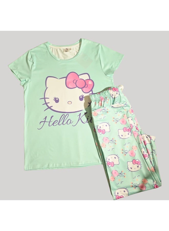 هالو كيتي طقم بيجامة نسائي بأكمام قصيرة من هالو كيتي، بوليستر حريري - Image 2