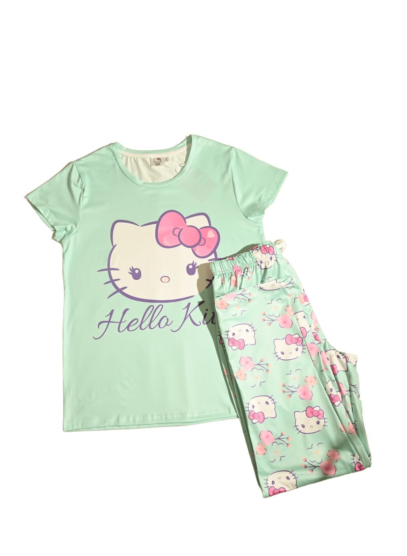 هالو كيتي طقم بيجامة نسائي بأكمام قصيرة من هالو كيتي، بوليستر حريري - Image 1
