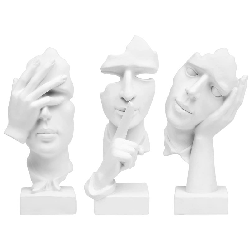 prosfalt 3 Pcs Thinker Statue Silence is Gold Abstract Art Figurine No Hear No See No Speak Modern Home Resin Sculptures Decorative Objects Decor for Home Office Bookshelf DesktopWhite A41