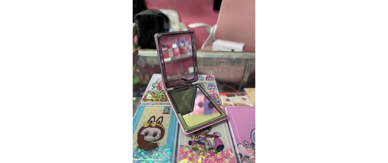 Compact Pocket Mirror with Design, Double, Sparkle, Pink, Makeup and Travel - Image 2