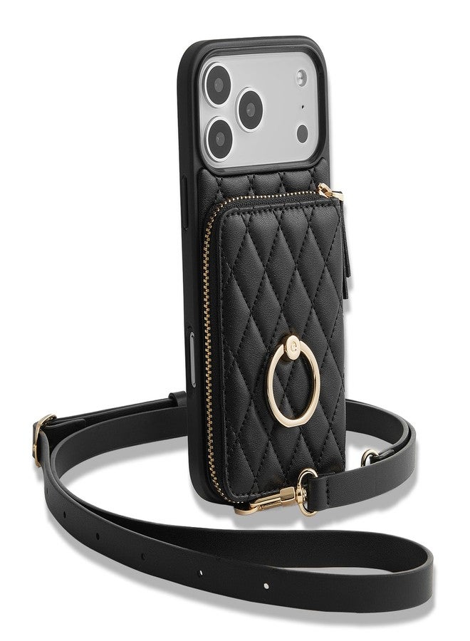 ZVE for iPhone 17 Pro Max Wallet Case for Women, Crossbody Purse with Wrist Strap Ring Holder Flip Cover 6.9 Inch-Black - Image 1