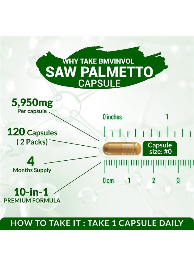 BMVINVOL - (2 Packs) Saw Palmetto Supplement 5950mg - Supports Prostate Health, Urinary Health, Hair Care - Enhanced with Tribulus Terrestris, Ashwagandha Root Extract - 4 Months Supply - Image 1