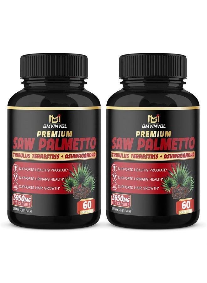 BMVINVOL - (2 Packs) Saw Palmetto Supplement 5950mg - Supports Prostate Health, Urinary Health, Hair Care - Enhanced with Tribulus Terrestris, Ashwagandha Root Extract - 4 Months Supply - Image 1