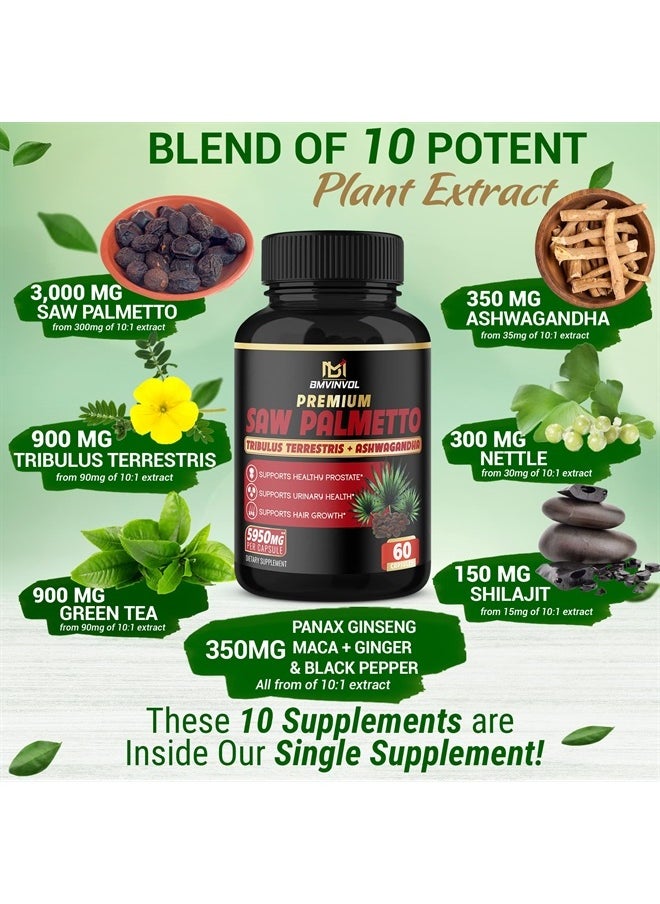 BMVINVOL - (2 Packs) Saw Palmetto Supplement 5950mg - Supports Prostate Health, Urinary Health, Hair Care - Enhanced with Tribulus Terrestris, Ashwagandha Root Extract - 4 Months Supply - Image 1
