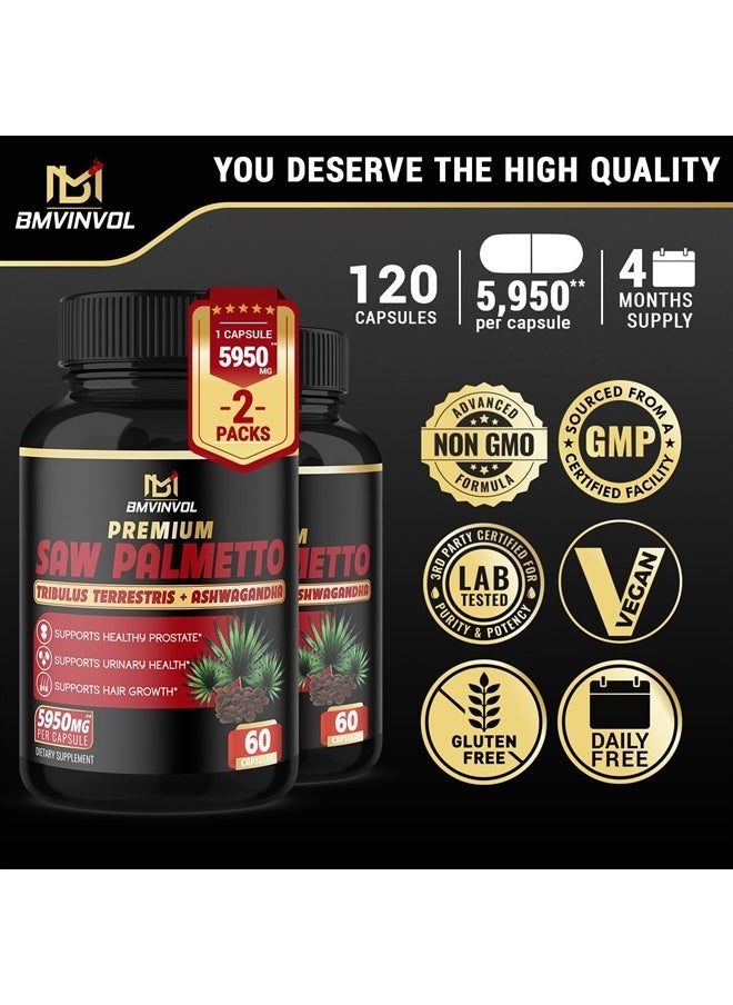 BMVINVOL - (2 Packs) Saw Palmetto Supplement 5950mg - Supports Prostate Health, Urinary Health, Hair Care - Enhanced with Tribulus Terrestris, Ashwagandha Root Extract - 4 Months Supply - Image 1