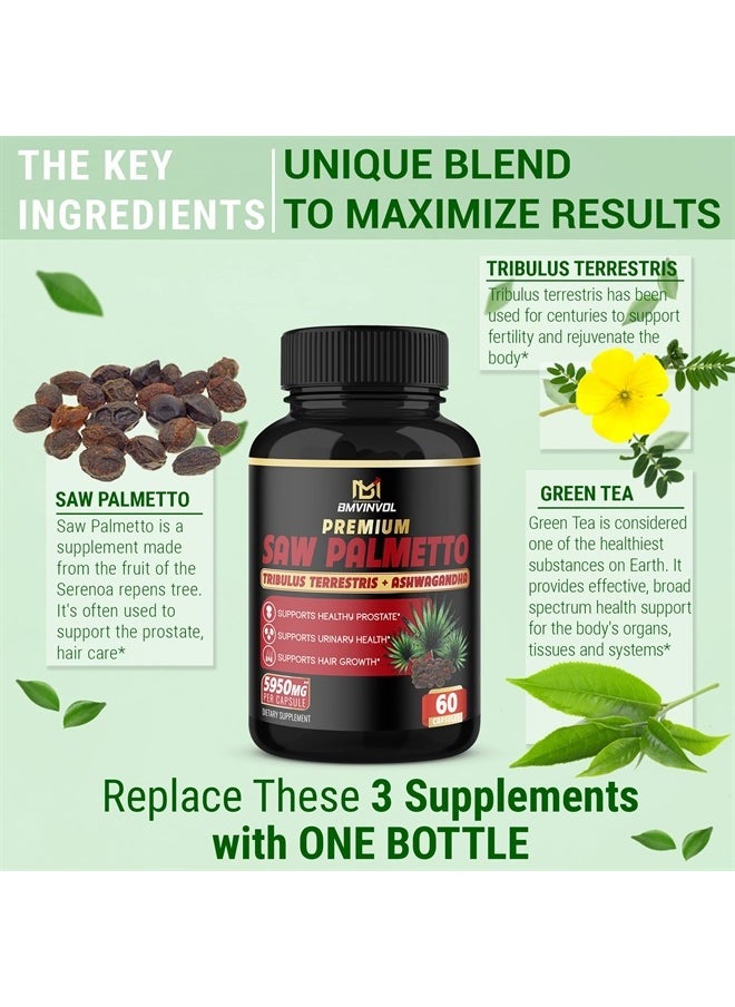 BMVINVOL - (2 Packs) Saw Palmetto Supplement 5950mg - Supports Prostate Health, Urinary Health, Hair Care - Enhanced with Tribulus Terrestris, Ashwagandha Root Extract - 4 Months Supply - Image 1