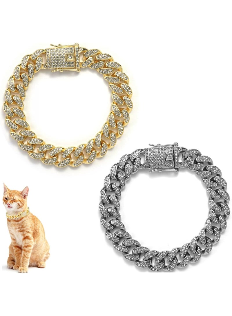 طوق سلسلة للقطط، قطعتان مقاس 8 بوصات، سلسلة كوبان ذهبية وفضية مرصعة بالماس، مع مشبك آمن، إكسسوارات مجوهرات سلسلة معدنية لامعة للحيوانات الأليفة للقطط والجراء - Image 1