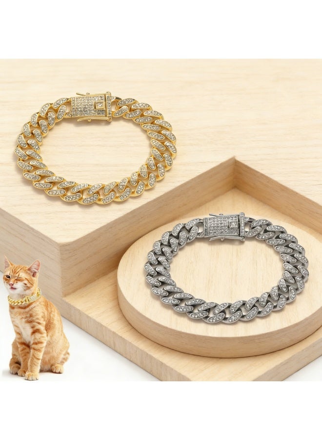 Cat Chain Collar, 2 Pcs 8 inch Gold & Silver Diamond Cuban Link Collar with Secure Buckle, Pet Rhinestones Metal Chain Jewelry Accessories for Cats Kittens Dogs Puppies - Image 1