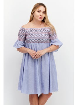 Women Striped Mini Dress, Pewter Blue
