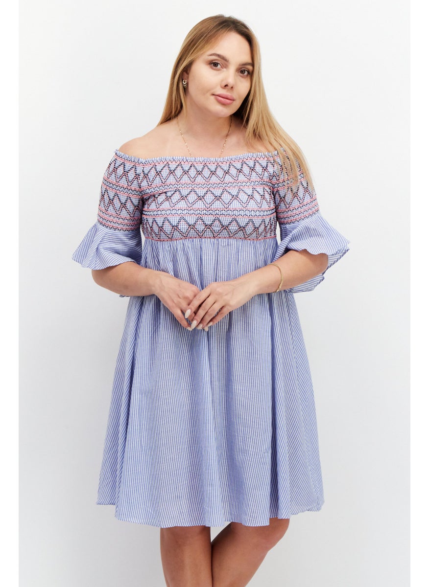 VERO MODA - Women Striped Mini Dress, Pewter Blue - Image 1