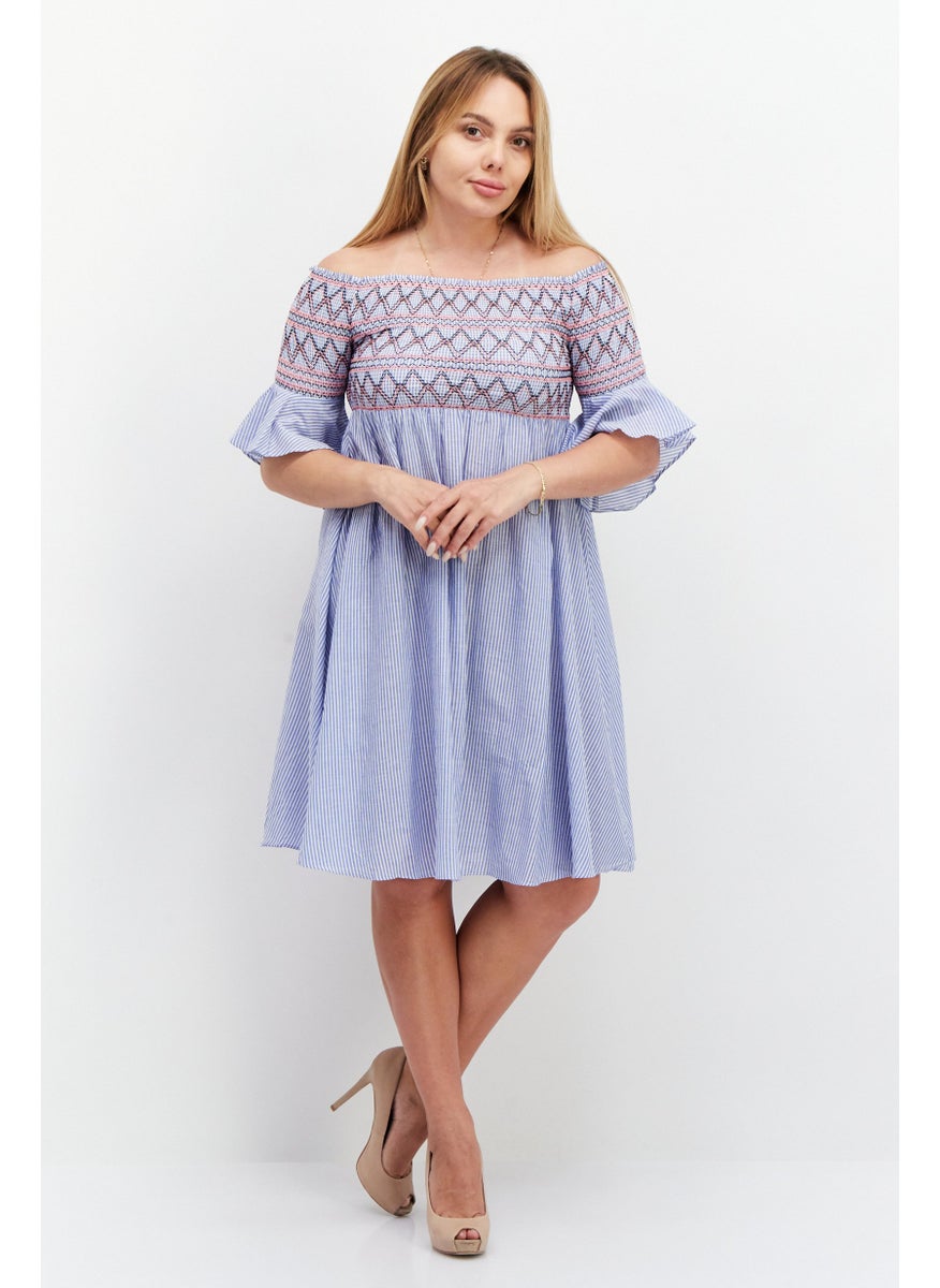 VERO MODA - Women Striped Mini Dress, Pewter Blue - Image 1