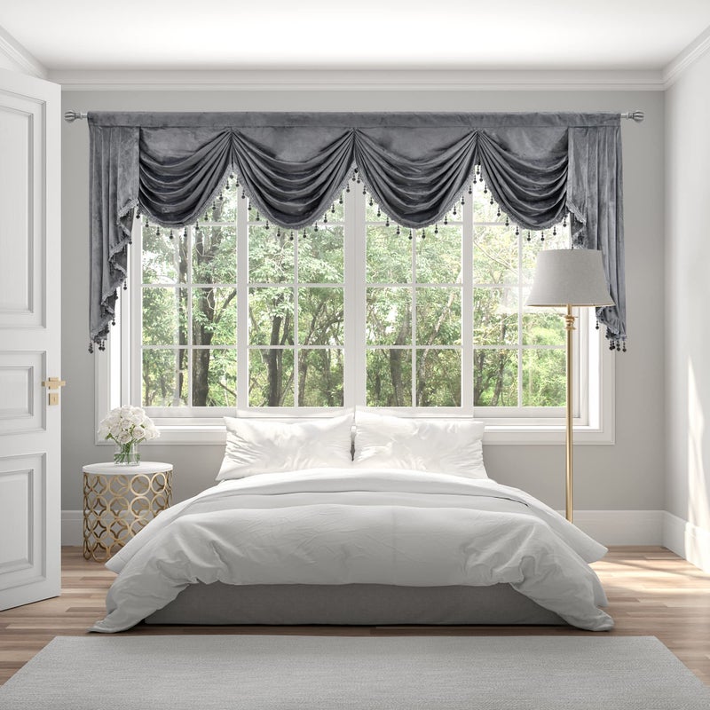 OYRING Grey Velvet Waterfall Valance for Living Room  Tassels Swag Valances for Window Bedroom Rod Pocket Valances1 Panel Grey W110 inch