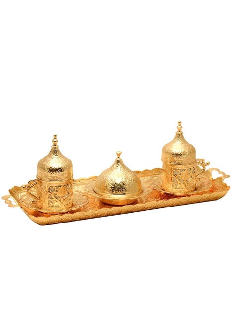 Turkish, Greek, and Arabic Coffee Serving Set for Two – Includes 2 Glass Cups, Rectangular Tray, Cup Holders, Lids, Saucers, Sugar Bowl with Lid of Copper – Antique Gold Finish, Crafted in Türkiye