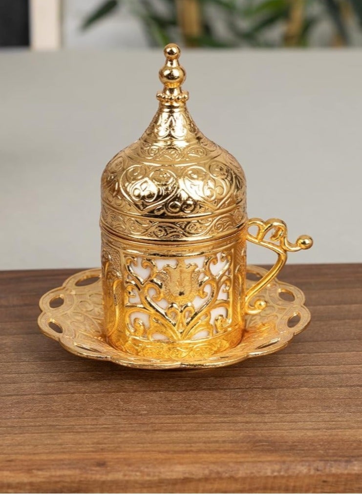 دودوليزا Lid & Serving Tray7:30 PMClaude responded: طقم فناجين قهوة تركية فاخر بغطاء زاماك ذهبي مزخرف وصينية تقديمطقم فناجين قهوة تركية فاخر بغطاء زاماك ذهبي مزخرف وصينية تقديم - مصنوع في تركيا - Image 3