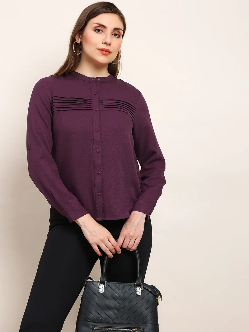 globus Globus Women Burgundy Mandarin Collar Cuffed Sleeves Solid Curved Hem Pleated Workwear Shirt