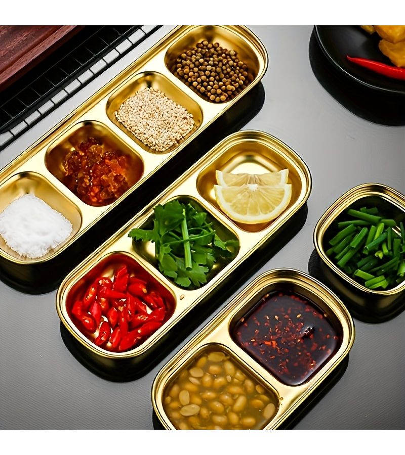 1 Golden New Four-Slot Stainless Steel Multi Compartment Sauce Dish Serving Plate Seasoning Dipping Bowl - Image 1