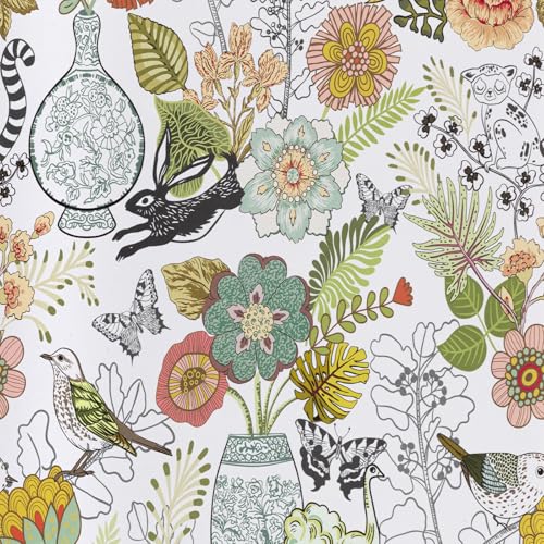 Abyssaly Animal Peel and Stick Wallpaper Boho, 17.7" x 118" Colorful Floral and Birds Contact Paper, Animals Vinyl Waterproof Self Adhesive Wall Paper for Furniture Shelf Drawer Cabinet Decor - Image 1