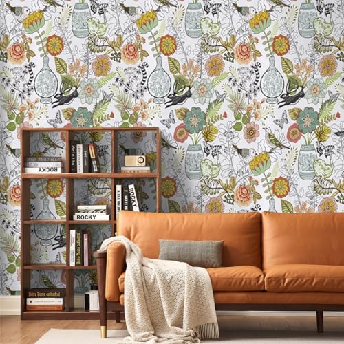 Abyssaly Animal Peel and Stick Wallpaper Boho, 17.7" x 118" Colorful Floral and Birds Contact Paper, Animals Vinyl Waterproof Self Adhesive Wall Paper for Furniture Shelf Drawer Cabinet Decor - Image 2