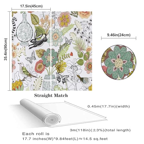 Abyssaly Animal Peel and Stick Wallpaper Boho, 17.7" x 118" Colorful Floral and Birds Contact Paper, Animals Vinyl Waterproof Self Adhesive Wall Paper for Furniture Shelf Drawer Cabinet Decor - Image 4
