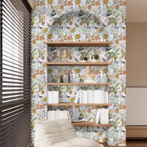 Abyssaly Animal Peel and Stick Wallpaper Boho, 17.7" x 118" Colorful Floral and Birds Contact Paper, Animals Vinyl Waterproof Self Adhesive Wall Paper for Furniture Shelf Drawer Cabinet Decor - Image 3