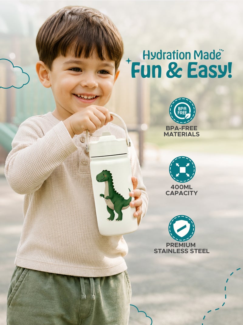 Babies Basic Kids Stainless Steel Water Bottle with Straw - 400ml – Double Wall Vacuum Insulated, Leakproof Thermal Flask, BPA-Free, Reusable Drinking Bottle for School & Travel - Dinosaur Themed - Off White - Image 3