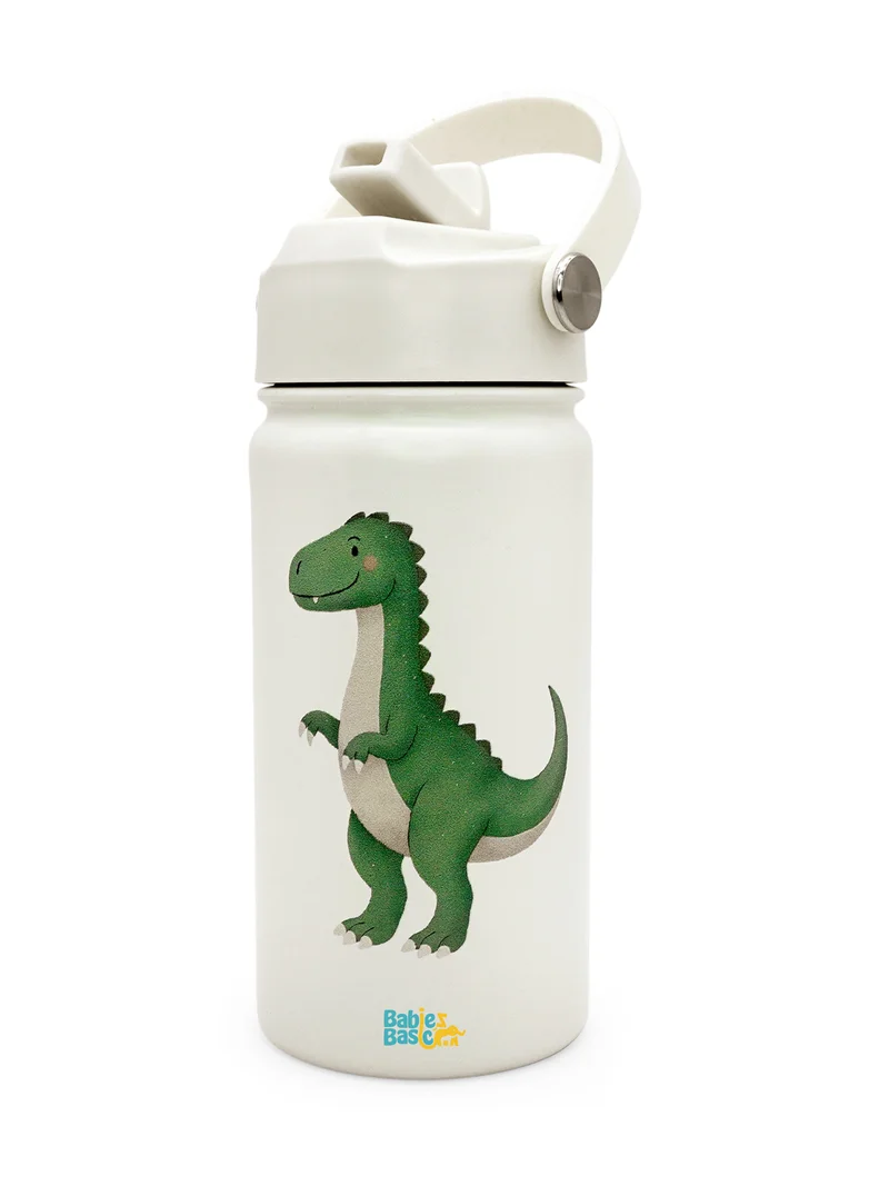 Babies Basic Babies Basic Kids Stainless Steel Water Bottle with Straw - 400ml – Double Wall Vacuum Insulated, Leakproof Thermal Flask, BPA-Free, Reusable Drinking Bottle for School & Travel - Dinosaur Themed - Off White